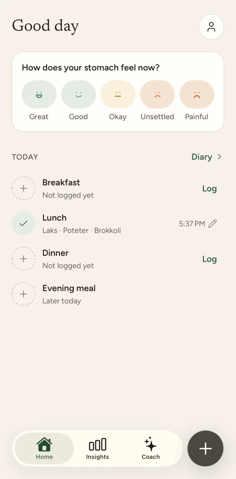 The Gutful home screen: today's meals, your usual meal and how your stomach feels.