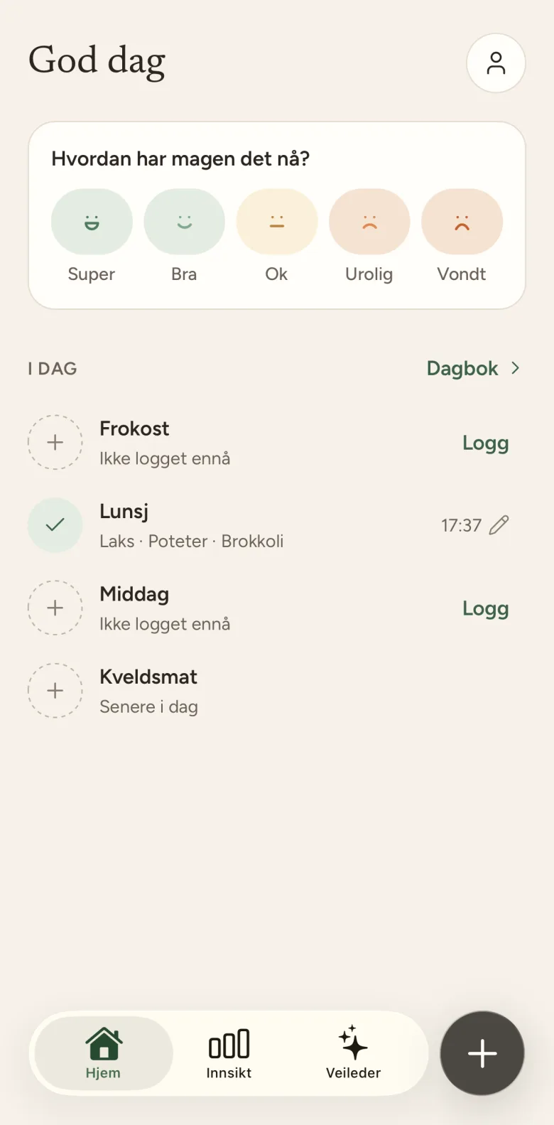 Hjem-skjermen i Gutful: dagens måltider, det vanlige måltidet ditt og hvordan magen har det.